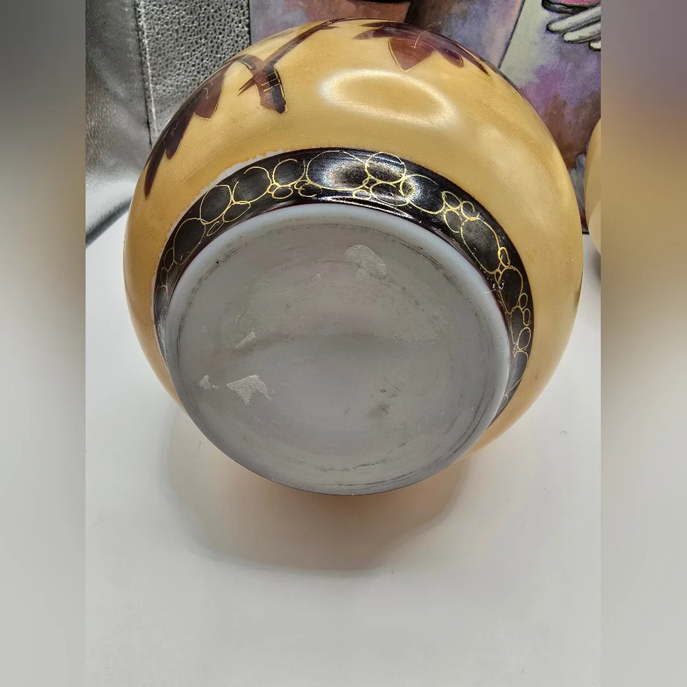 Antique Victorian Tan & Brown Floral Opaline Bristol Glass Pair of Vases